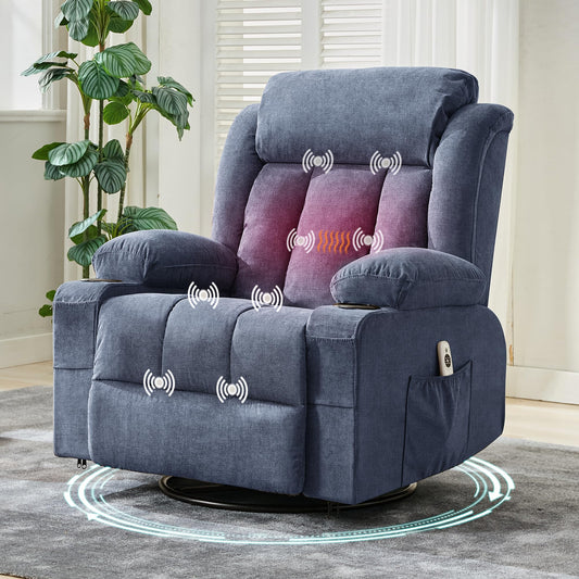 PeacefulHues Large Recliner Chair with Massage & Heat, Comfy Sofa Chair with 3 Positions, Side & Front Pockets, 2 Cup Holders for Living Room, Bedroom, Office, Lounge Area, Gray