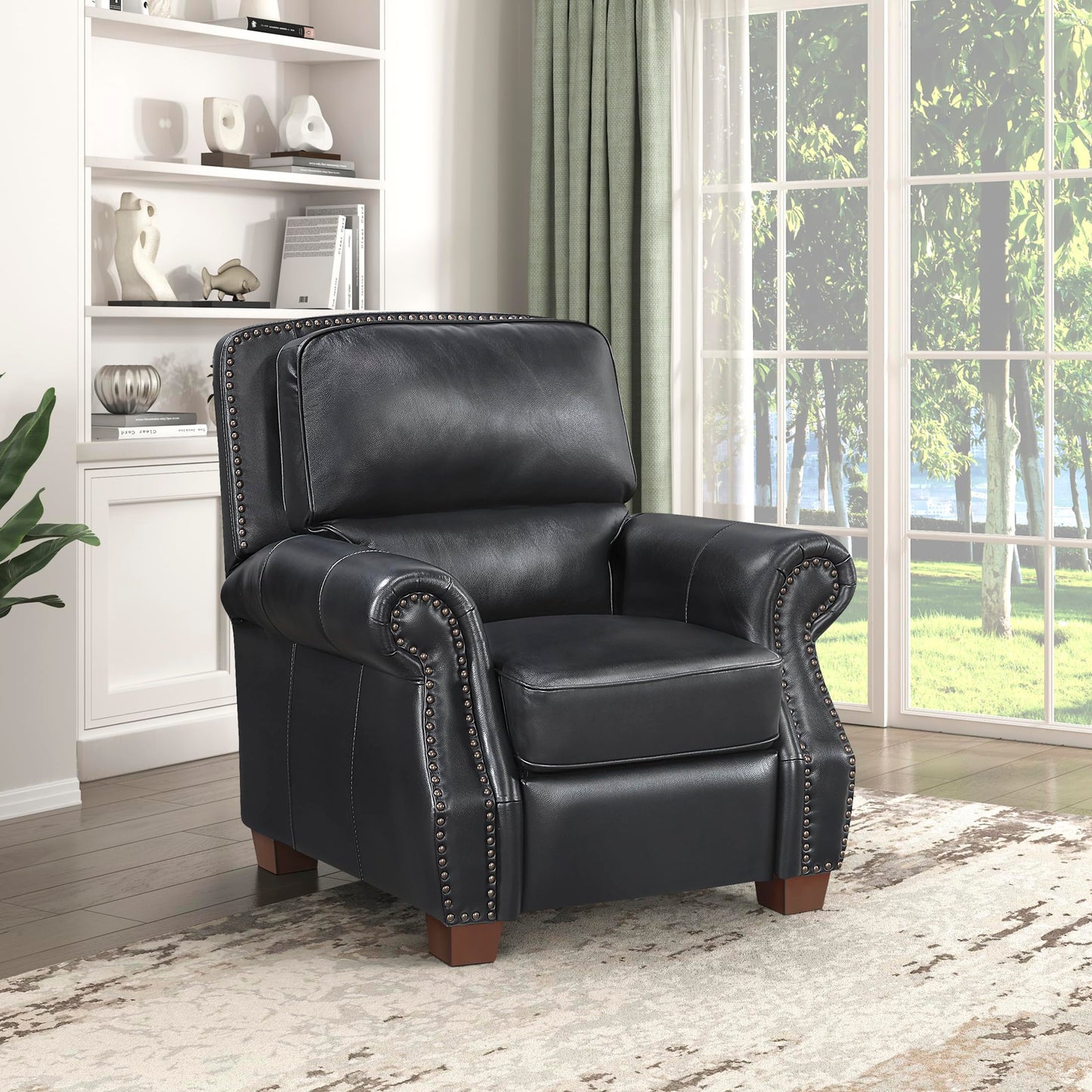 Lexicon Push Back Reclining Chair, Top Grain Leather Match Push Back Recliner Chair with Nailhead Trim, Rolled Arms, Solid Wood Legs, for Living Room/Apartment/Office, Easy Assembly, Black
