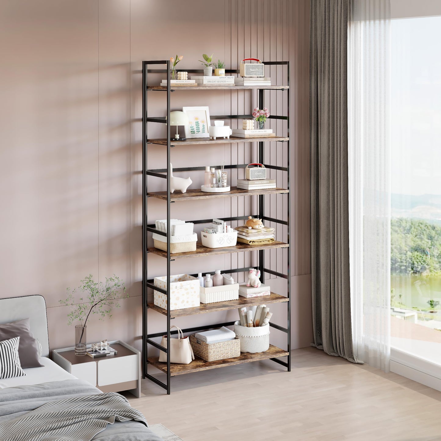 BHG Vintage Multifunctional Folding Bookshelf, No-Assembly Plant Stand Storage Rack Shelves for Home Office