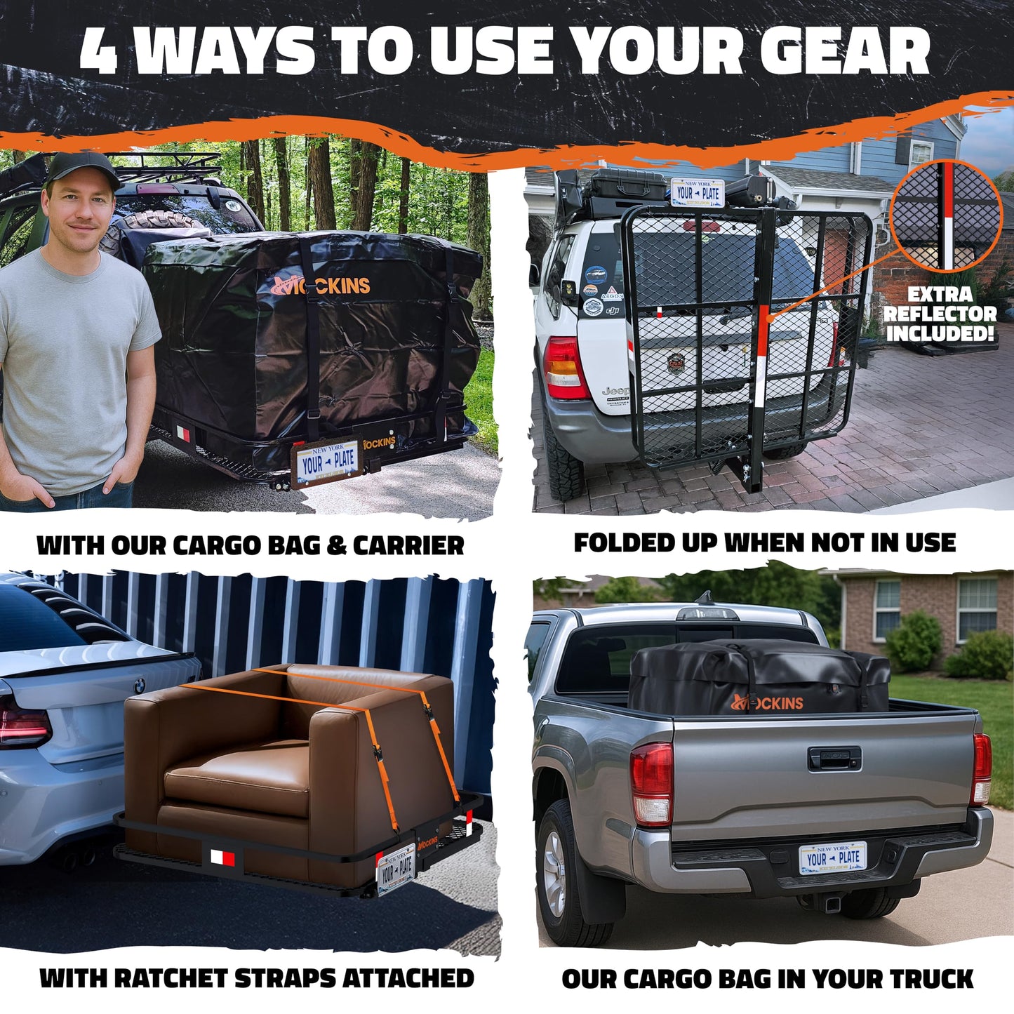 Mockins 40"x40"x6" Extra Deep Square Trailer Hitch Cargo Carrier & 30 Cu Ft Square Waterproof Cargo Bag | 500 Lbs Cap Steel Heavy Duty Trailer Hitch Luggage Rack for SUV Car Truck & RV w/Accessories