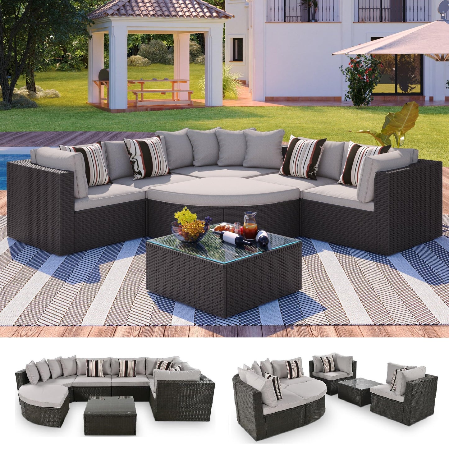 Merax 7 Pieces Outdoor Patio Furniture, 6 Seat Wicker Sectional Lounger Sofa Chair Set with Table, All Weather Rattan Conversation Sleeper Couch Bed Sets for Garden Poolside, Cushions & Pillows, Beige