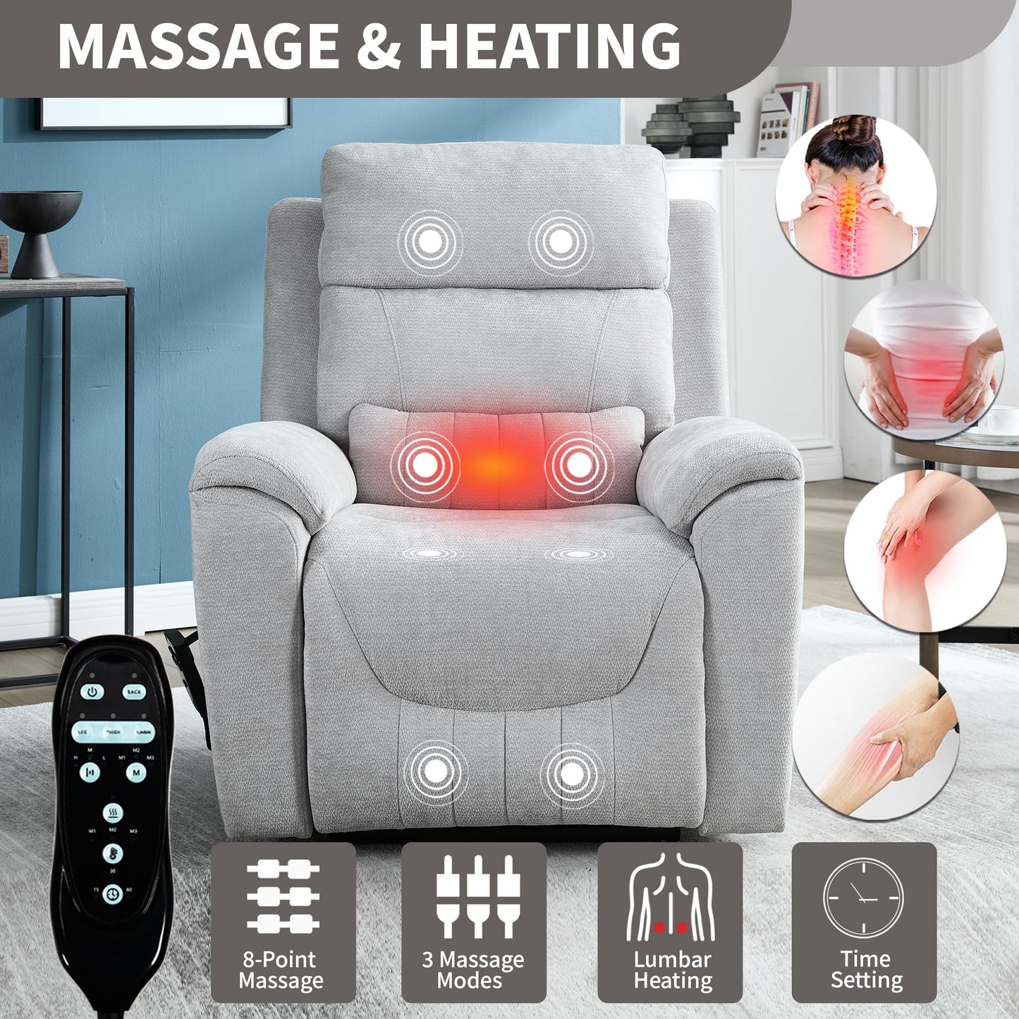 KEIKI Dual Motor Power Lift Recliner Chair with Massage & Heat, Leatherair Upholstery, Heavy Duty Motion Mechanism, Pillow Back & Arms, 8-Point Vibration, Lumbar Heating, American Style, Light Grey