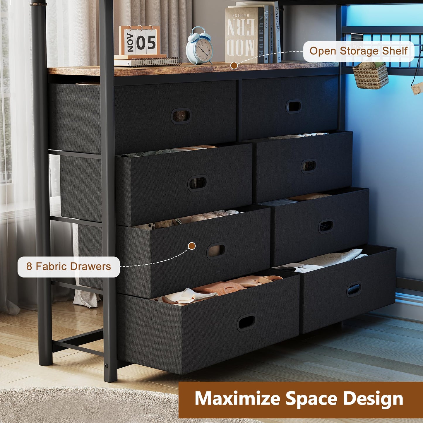 Twin Loft Bed with Desk and 8 Storage Drawers, Metal Loft Bed Twin Size with LED Lights & Charging Station, Bed Frame with Hanging Rod, Safety Guardrail & Ladder, for Kids & Teens (Rustic Brown)