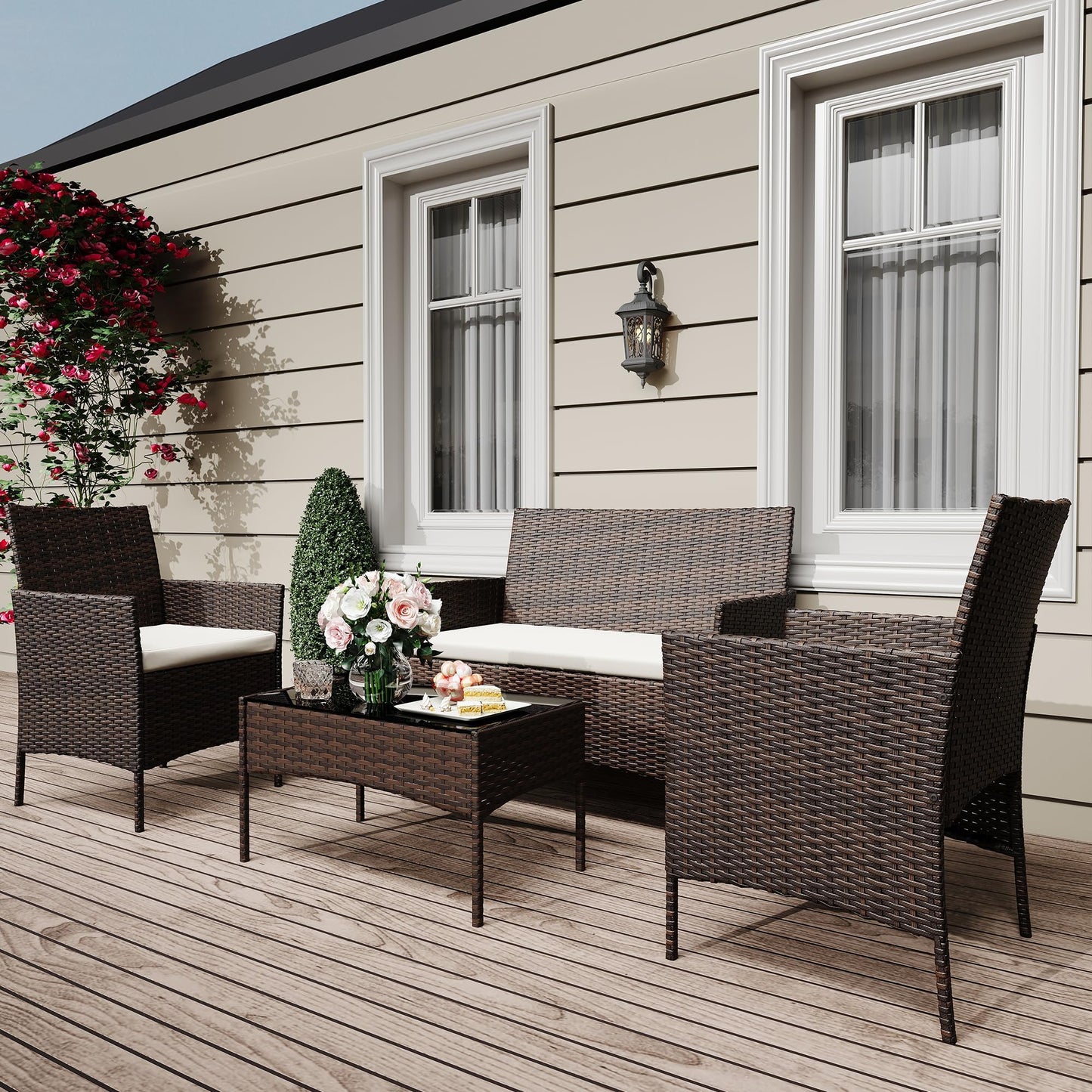 GarveeHome 4-Piece Patio Furniture Set, Outdoor Conversation Set with Coffee Table, All-Weather PE Rattan Wicker & Steel Frame, Modern Seating for Garden, Porch, Lawn, Balcony(Brown & Beige)