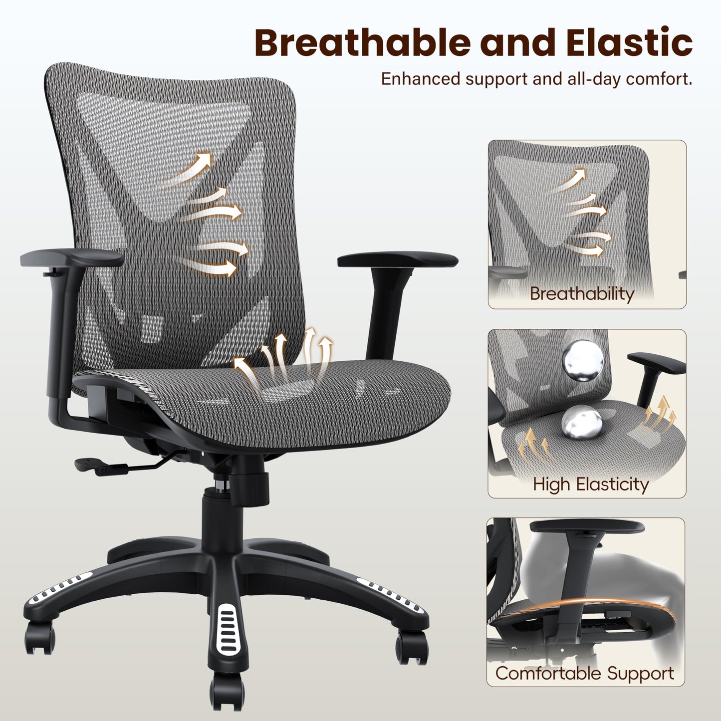 MOLENTS Ergonomic Office Chair, Mesh Computer Desk Chairs with Adjustable Lumbar Support, 3D Armrest, Tilt Function, Comfy Wide Seat, Executive Work Task Chair for Company & Home, Gaming Chair (Grey)