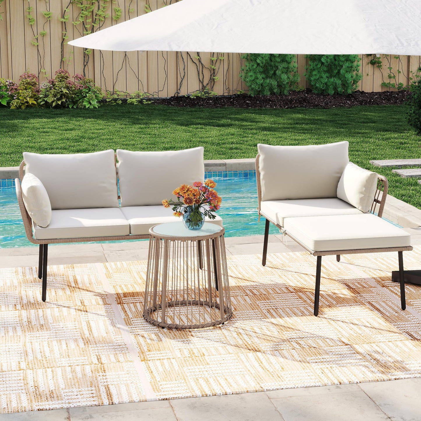 YITAHOME 3 Piece Patio Furniture Set Wicker Patio Sectional with Detachable Cushions and Coffee Table Outdoor Furniture Set L-Shaped Sectional Conversation Sofa Set for Backyard Porch Balcony - Beige