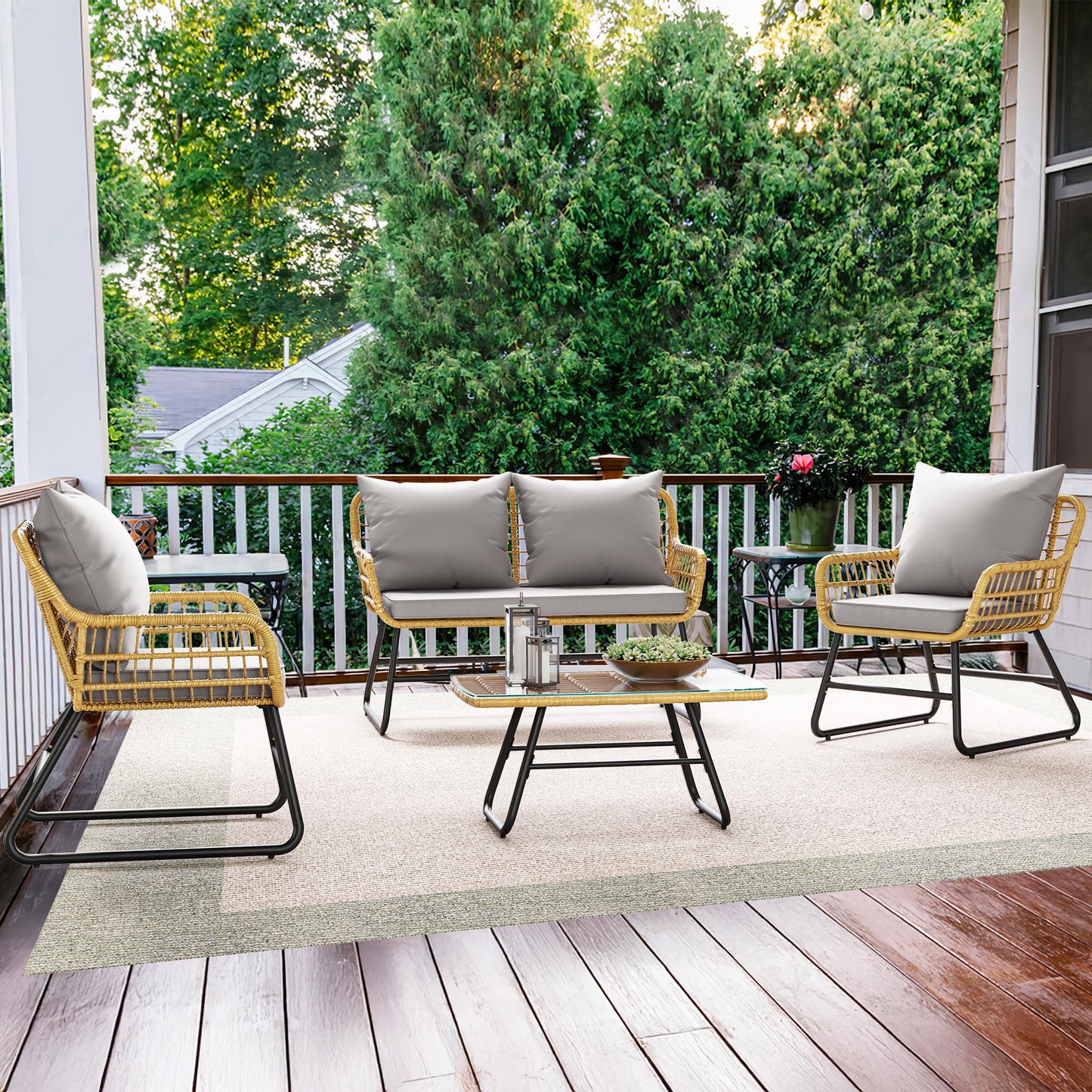 YITAHOME 4-Piece Patio Furniture Set, Wicker Outdoor Bistro Set, All Weather Rattan Patio Conversation Set with Soft Cushions and Glass Side Table for Backyard, Balcony, Deck - Light Grey