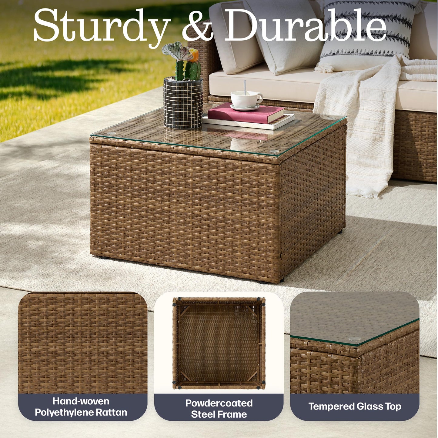 Alaterre Furniture Montara 7 Piece Modular Outdoor Patio Furniture Set - Weather-Resistant Wicker Rattan Patio Table and Chairs Set - Outdoor Couch Set for Backyard, Porch, or Deck (Tan/Cream)
