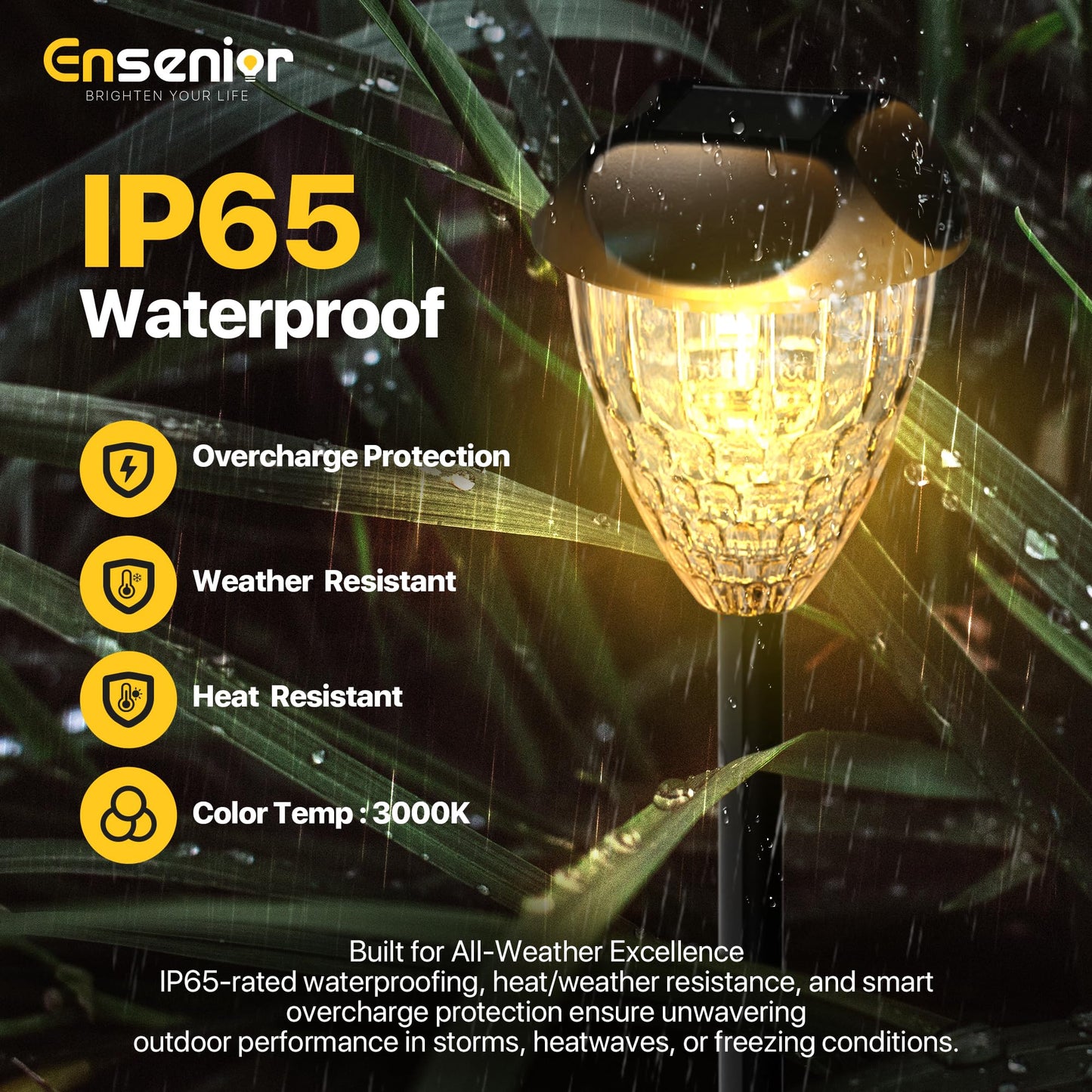 Ensenior 12-Pack Solar Garden Lights, Warm White LED, Auto ON/OFF, Waterproof, Plastic, Model CP3-10CM-30K-12-BL-ZY-M02
