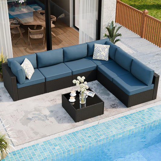 7 Piece Outdoor Patio Furniture Set,Black PE Rattan Wicker Sectional Sofa, All Weather Conversation Set with Washable Cushions & Glass Coffee Table for Backyard Poolside Garden Porch,Navy Blue