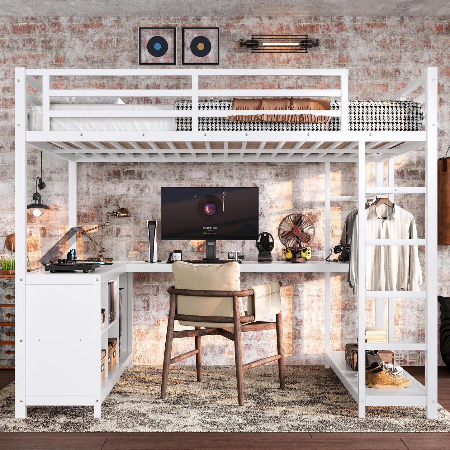 Bellemave Full Size Loft Bed with Desk & Wardrobe, All-in-One Metal Loft Beds Frame with Storage, Space Saving Loft Bed Full Size for Teen, Adult, Apartment, Dorm, White