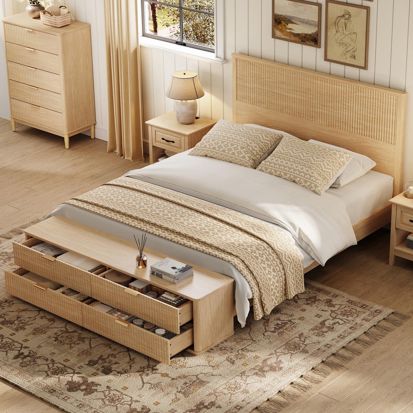 LINSY Storage Bed Frame Queen Bedframe with Drawers, Tall Bed Frame Queen-Size with Headboard and Footboard Bench, Fluted Boho Bed Frames Wooden Platform Beds with Storage, No Box Spring, Light Wood