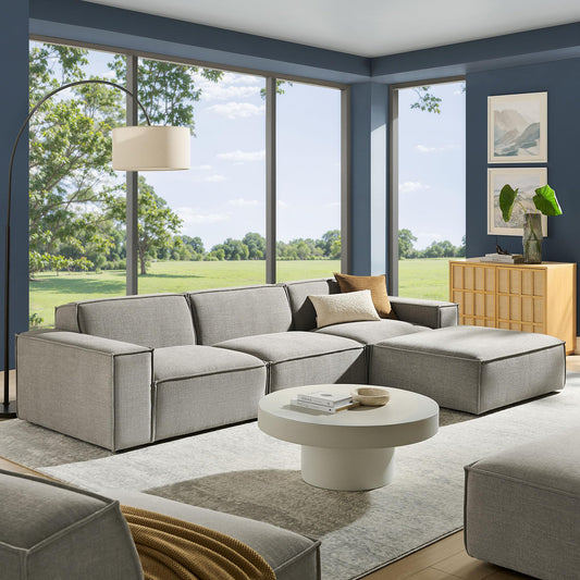 Modway Restore Performance Fabric Upholstered 4-Piece Modular Sofa Set with Ottoman in Pewter - Low Profile Sectional Sofa with Coil Seat Support and French Piping