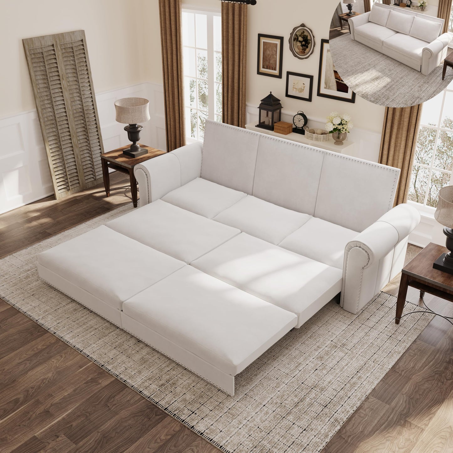 KEIKI 94" Chesterfield 3-in-1 Pull Out Sofa Bed, King Convertible Velvet Sofa with Rolled Arms & Nailhead Trim, 3-Seater Sofa Bed for Living Room, Bedroom or Office, Beige White