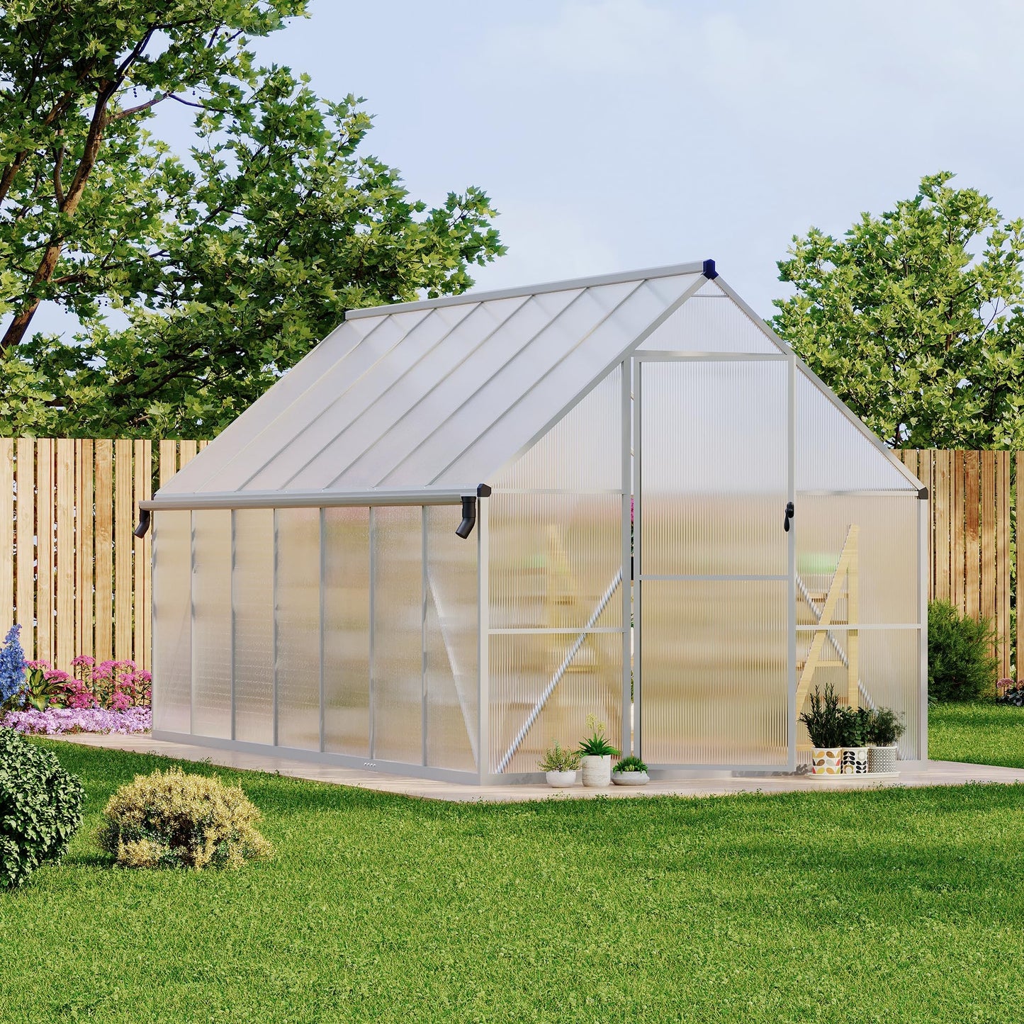 CABIHOME 8x14 FT Outdoor Greenhouse, Polycarbonate Greenhouse with Roof Vent and Ground Nails, Aluminum Large Walk-in Green House w/ Lockable Push Door for Outdoor Garden (Sliver, 8x14 FT)