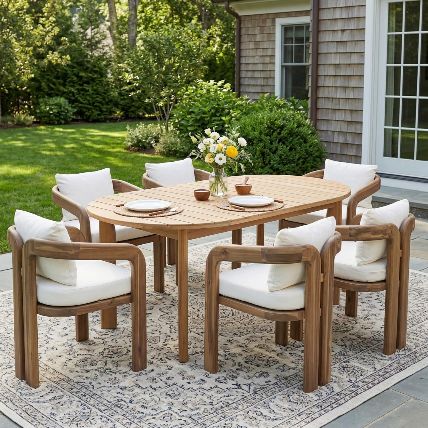 Merax Patio Outdoor Acacia Wood 7 Piece Dinning Set- 70 Inch Large Oval Outdoor Dining Table, 6 Pcs Dining Chairs with Cushions for Backyard, Lawn, Balcony, Light Teak + Natural