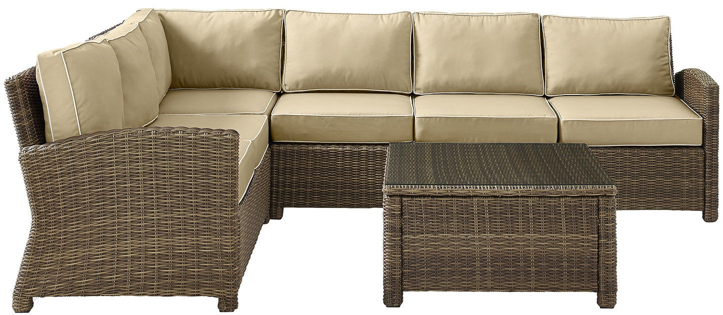 Crosley Furniture Bradenton 5-Piece Outdoor Sectional Sofa Wicker Conversation Patio Furniture Set for Deck, Brown with Sand Cushions