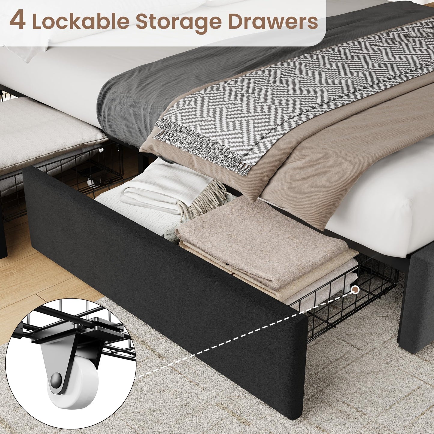 Garvee Queen Size Bed Frame with 4 Drawers, Upholstered Velvet Platform Bed with Height Adjustable Headboard, Wooden Slats Support, No Box Spring Needed, Easy Assembly, Black