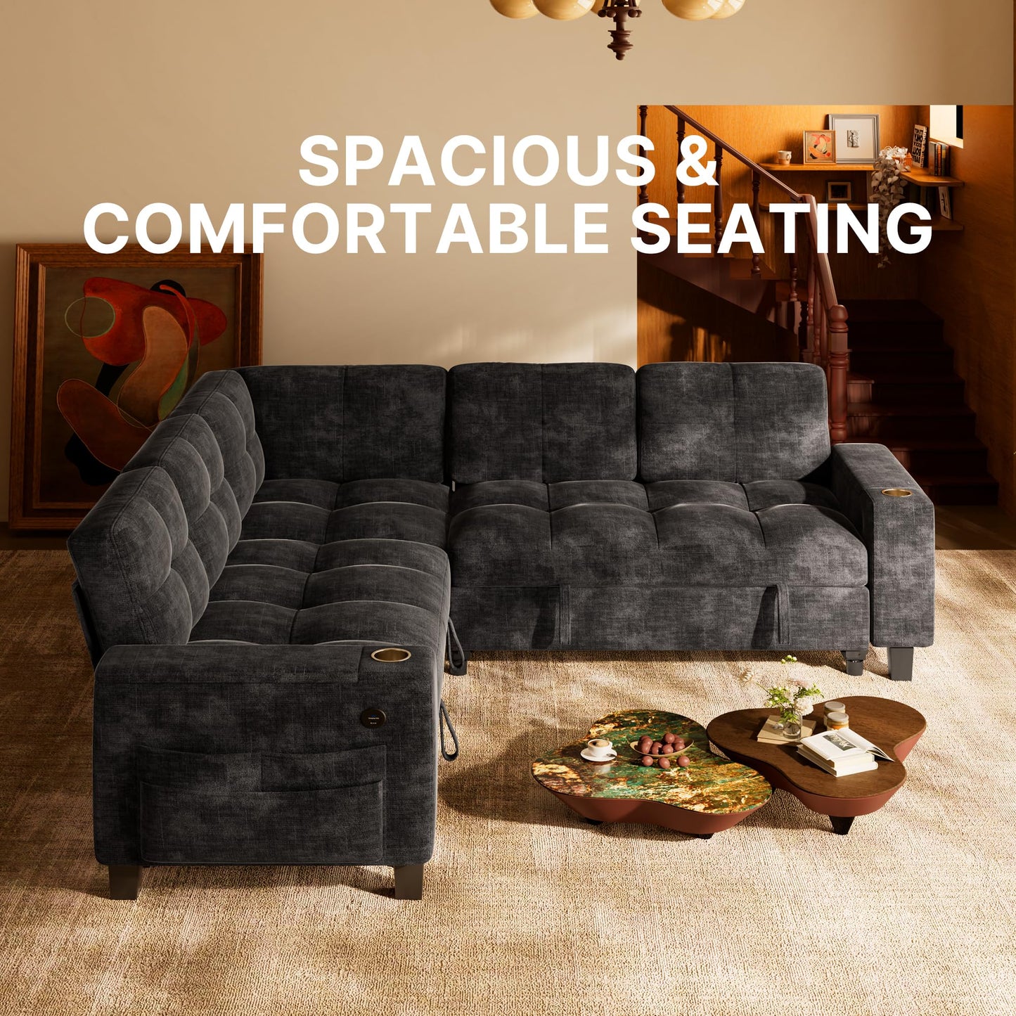 Marsail 85" Sectional Sleeper Sofa with Pull Out Bed, 5 Seat Modular Sectional Sofa with Storage, USB Ports & Cup Holders, Sectional Couches for Living Room, Modern Chenille Cloud Couch, Dark Gray