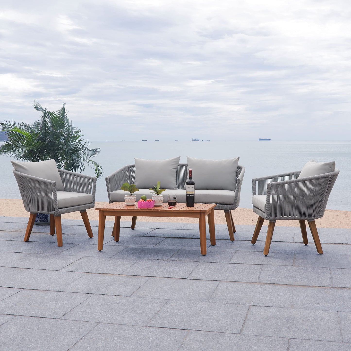 SAFAVIEH PAT7072A Outdoor Velso Rope 4-Piece Seat Cushions and Pillows Included Patio Set