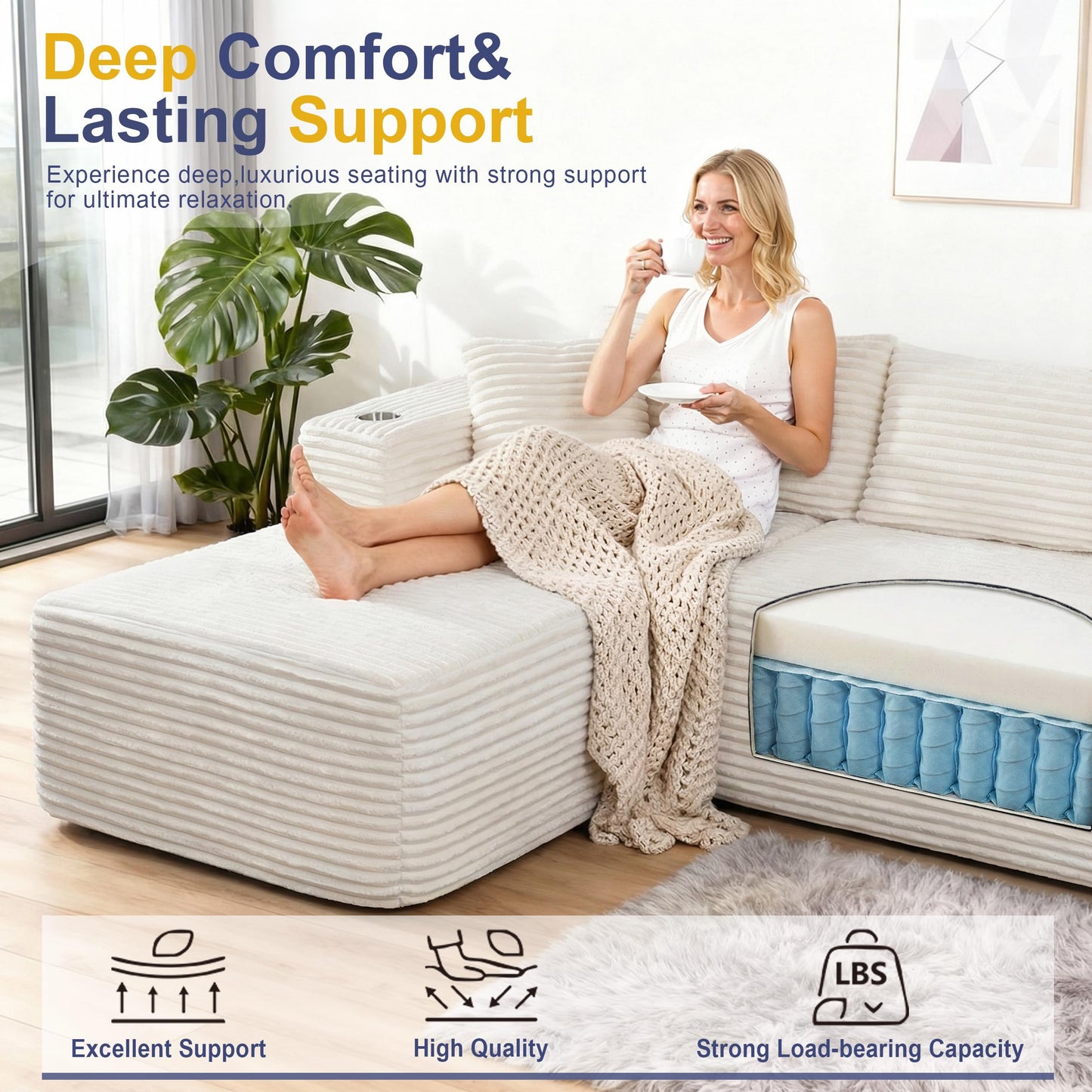 Shintenchi Boneless Couches for Living Room with 2 Cup Holders,L Shaped Modular Sectional Sofa Set,No Assembly Needed Plush Corduroy Living Room Set,Beige