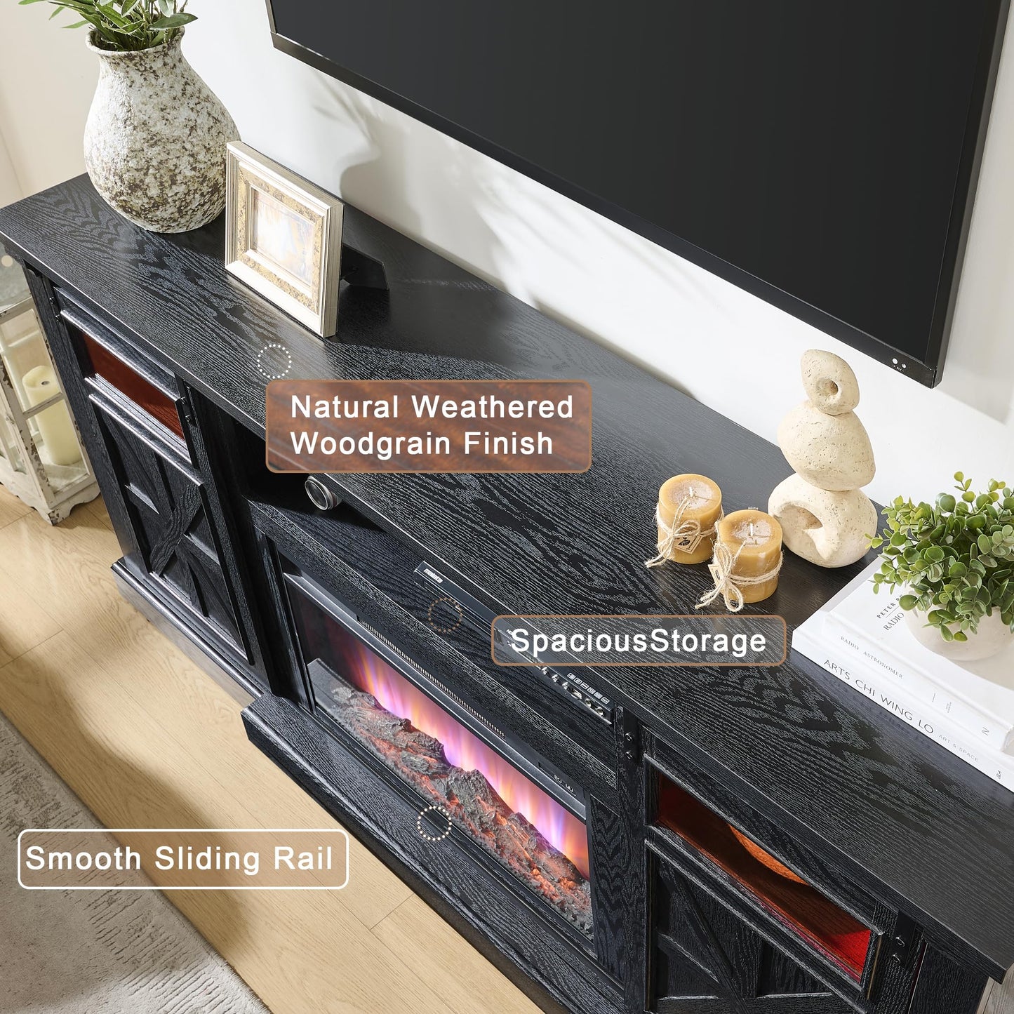 Unineo Fireplace TV Stand for up to 80 Inch TVs, 32’’ Tall LED Entertainment Center with Electric Fireplace, Farmhouse TV Console Table w/Sliding Barn Door & Window for Living Room, Black Woodgrain