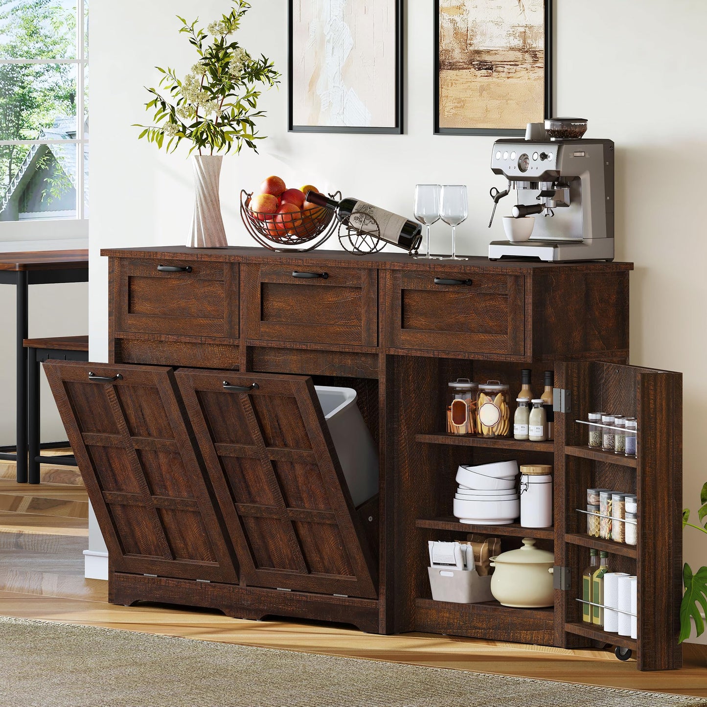 DWVO 58.3" Rustic Kitchen Island Storage Cabinet, Tilt Out Trash Can Cabinet, Farmhouse Kitchen Island with 3 Drawers, 2 Tilt-Out Doors for 10 Gallon Bins, Adjustable Shelf