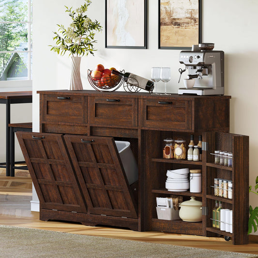 DWVO 58.3" Rustic Kitchen Island Storage Cabinet, Tilt Out Trash Can Cabinet, Farmhouse Kitchen Island with 3 Drawers, 2 Tilt-Out Doors for 10 Gallon Bins, Adjustable Shelf