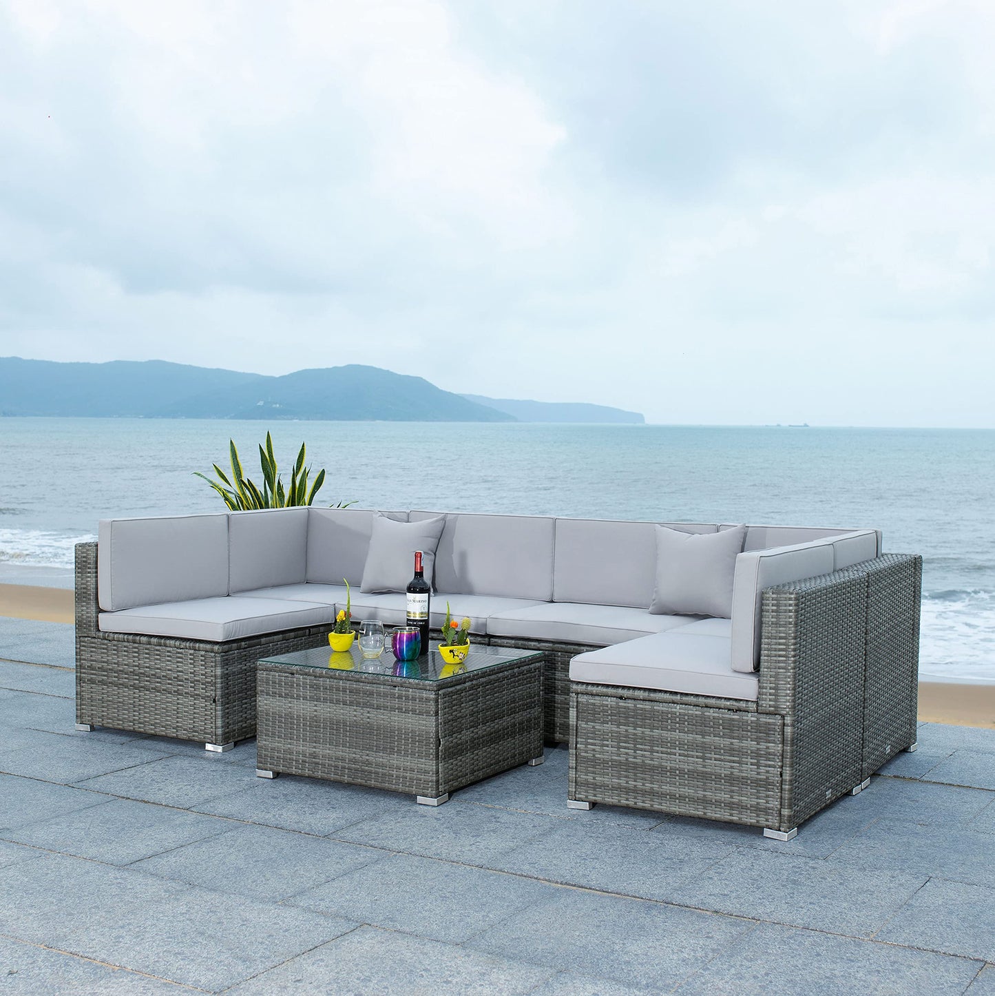 SAFAVIEH PAT7510B-2BX Collection Sectional Diona Grey Outdoor Living Patio Set, Grey/Grey