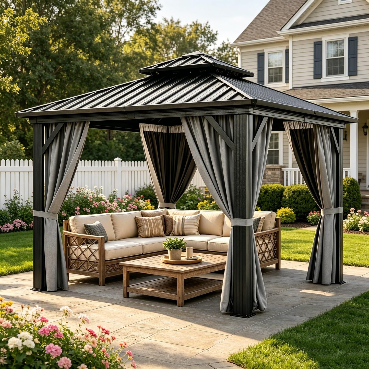 Takywep 10x10 FT Outdoor Hardtop Gazebo, Double Roof Patio Gazebo with Galvanized Steel Roof, Rust-Resistant Aluminum Frame, Drainage System, Curtains and Mesh Netting for Backyard, Deck, and Patio