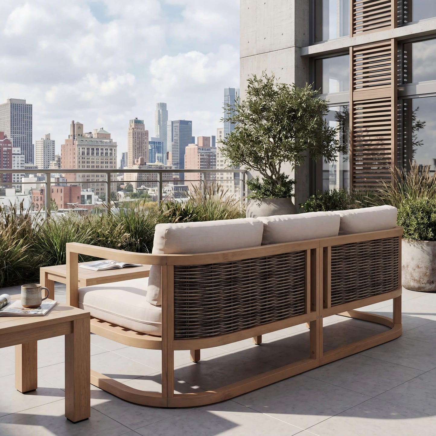 Merax Outdoor All-Weather Acacia Wood 3 Seater Sofa with Cushion and Deep Seat, Patio Sofa Daybed with Sturdy Base for Porch, Lawn, Backyard, Balcony, Light Teak