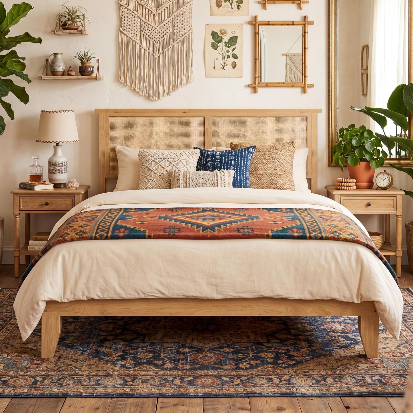 GAOMON Full Rattan Wood Bed Frame with Natural Rattan Headboard, Full Size Platform Bed Frame with LED Lights, Mattress Foundation, Noise-Free, No Box Spring Needed