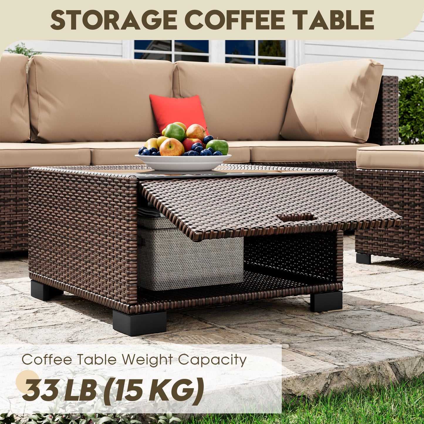 LHBcraft 7 Piece Outdoor Patio Furniture Set, Wicker Hand-Woven Patio Furniture Set Outdoor Patio Sectional Sofa for Backyard Rattan Seating with Beige Cushion