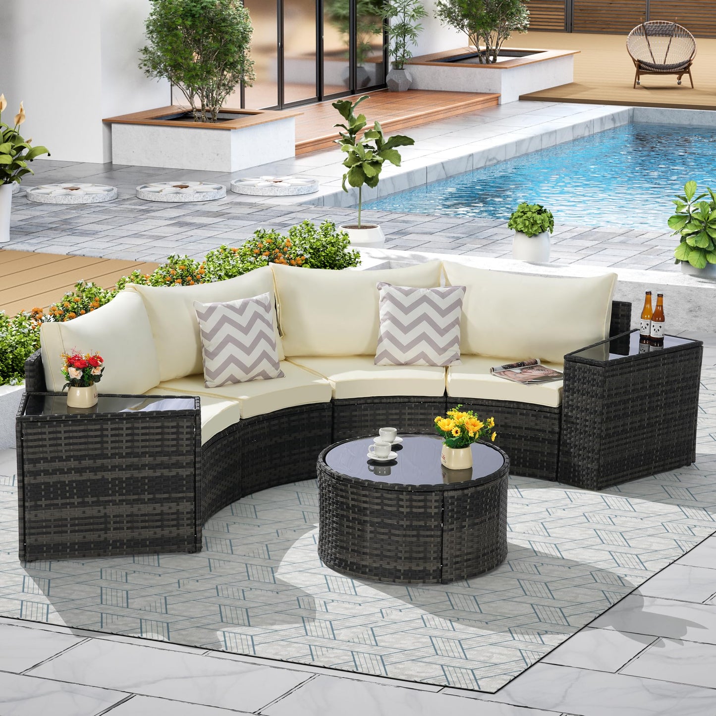 KEIKI Outdoor Patio Furniture 7-Piece Half-Moon Curved Sectional Sofa Set, All-Weather Wicker Patio Conversation Set with Round Coffee Table and 2 Storage Armrests for Poolside Backyard, Beige
