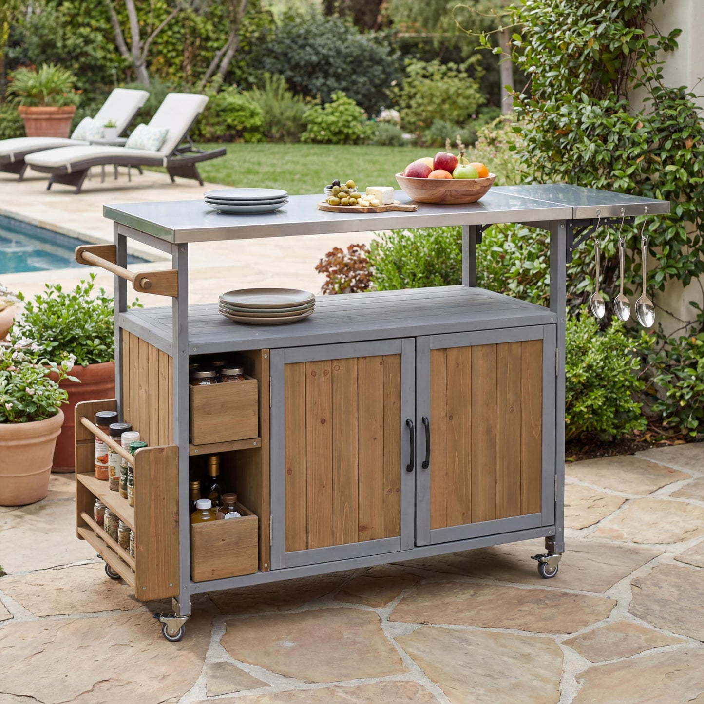 Christopher Knight Home Edsel Outdoor Bar Cart with Stainless Steel Top and Lockable Wheels, Solid Wood Outdoor Storage Cabinet, Kitchen Island Serving Cart for Poolside, Walnut Brown+Blue Gray