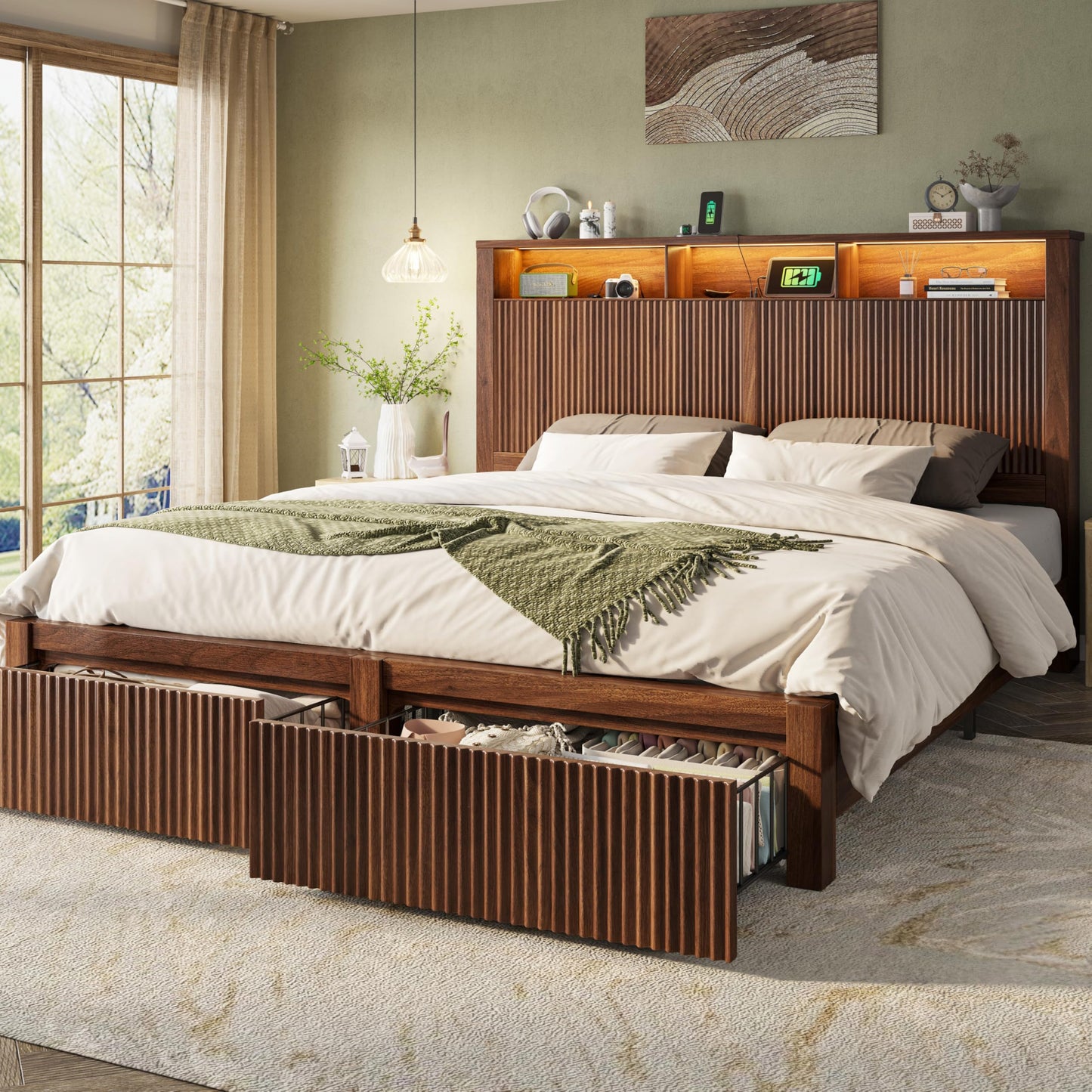 CypBed King Size Bed Frame and Headboard& 2 Storage Drawers, King Bed Frame with LED Light and Charging Port, Farmhouse Wavy Design, Wood & Metal Platform, Noise-Free, No Box Spring Needed, Walnut