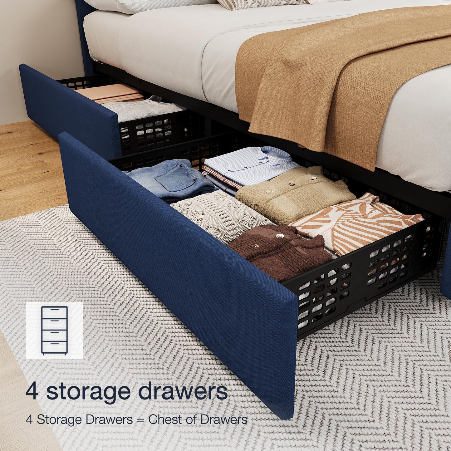 King Size Bed Frame with 4 Storage Drawers, Linen Upholstered Platform Bed Frame with Headboard and Footboard, Wooden Slats Support, Diamond Stitched Button Tufted, No Box Spring Needed, Blue