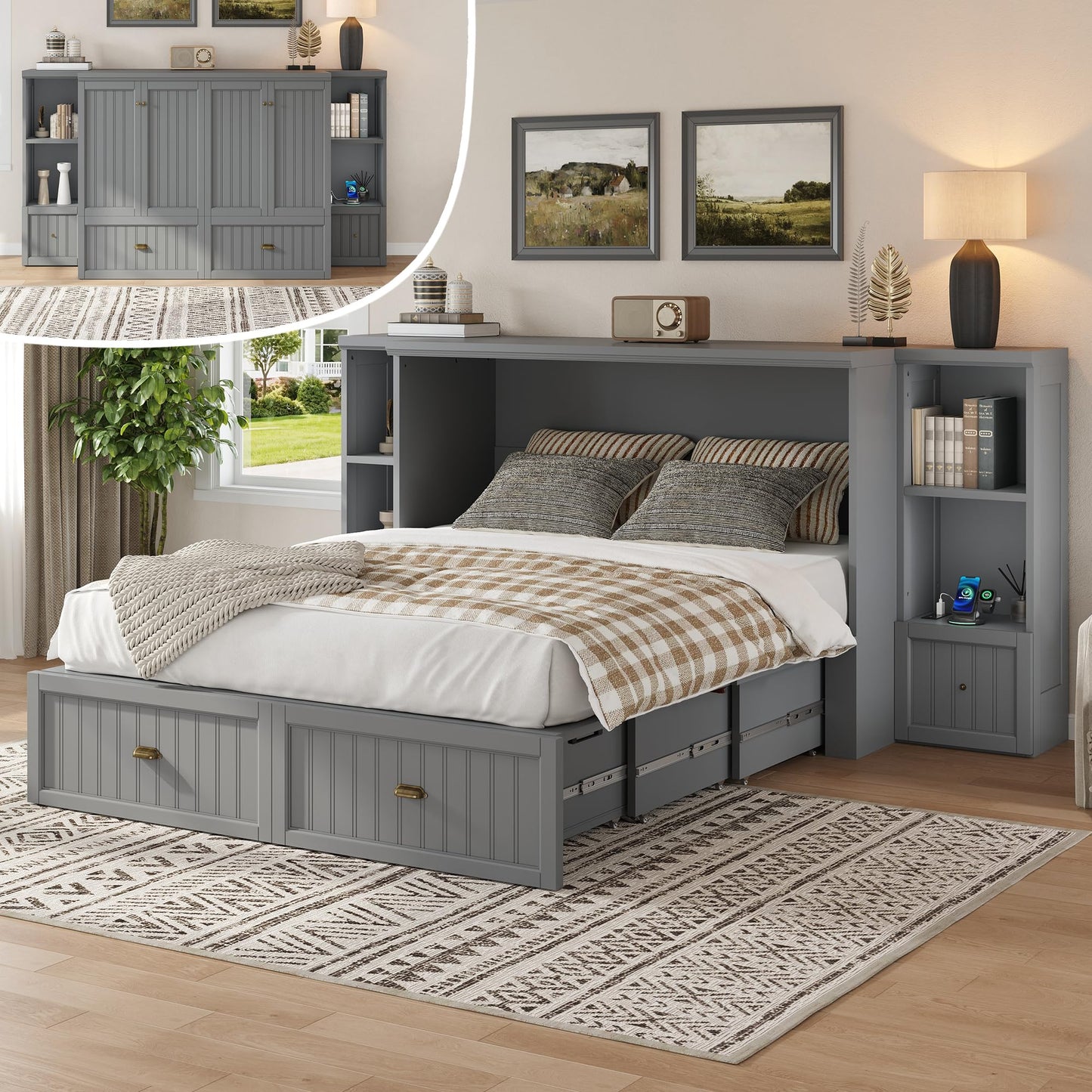 AMERLIFE Full Size Murphy Bed with Bedside Tables, Foldable Cabinet with 3 Storage Drawers & Charging Station, Farmhouse Hideaway Bed for Bedroom/Office/Guest Room, Grey