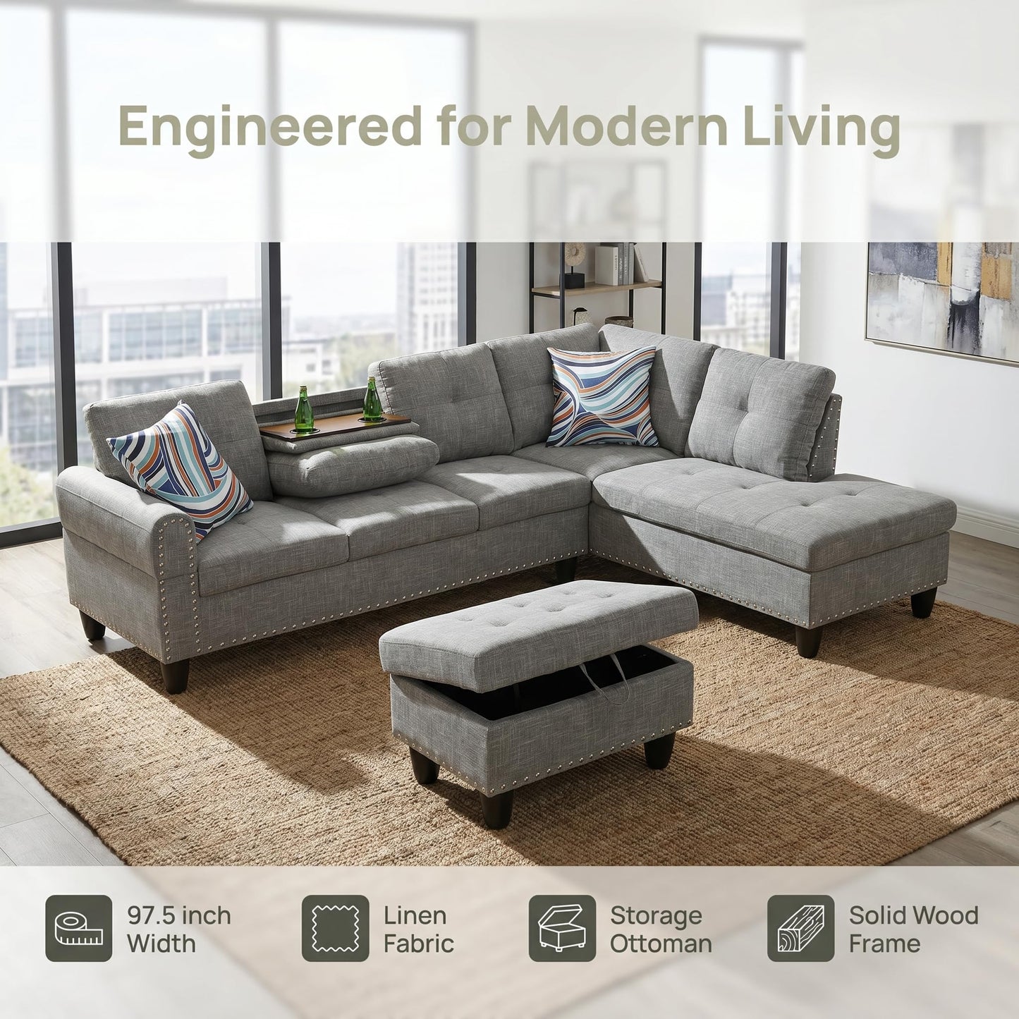 Trygoal 97.5" Linen L Shaped Couch with Right Chaise & Cup Holder, Sectional Sofas Modular Furniture Set with Storage Ottoman, Convertible Couches for Living Room, Small Space & Office (Grey)