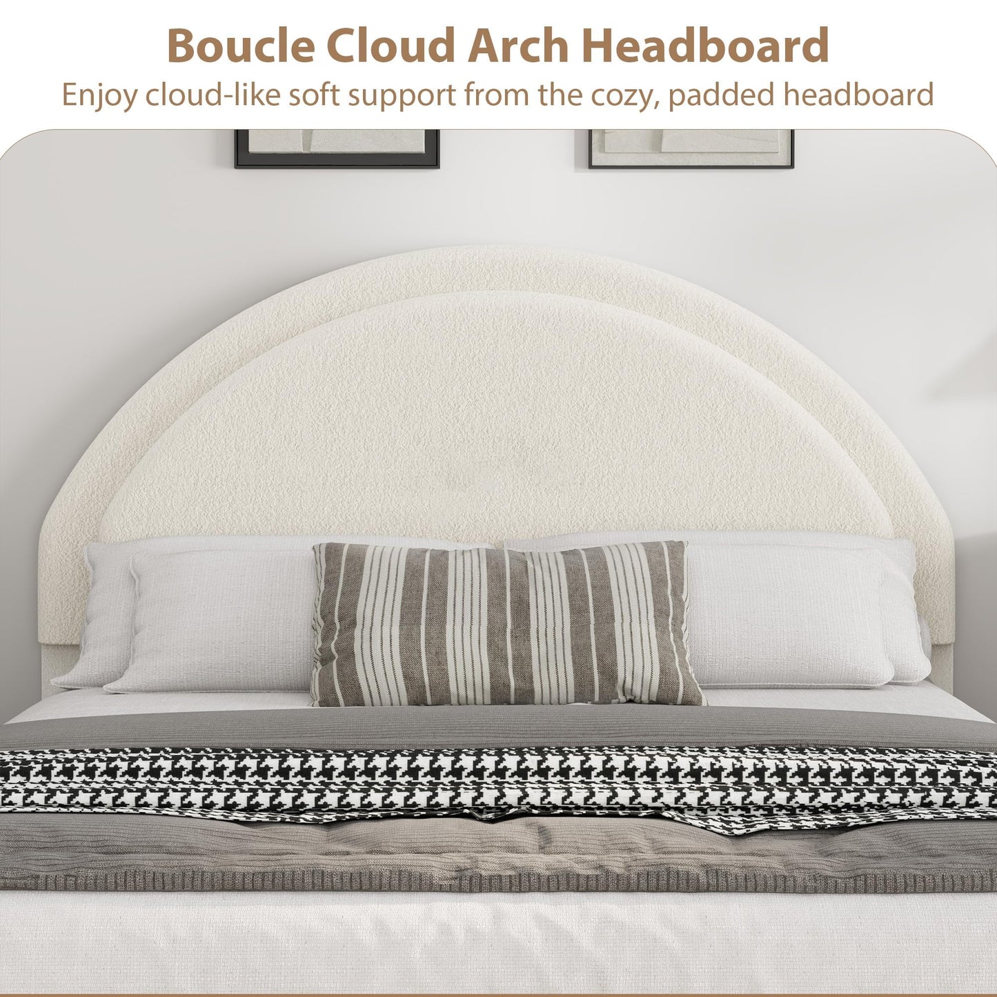 Garvee Full Size Bed Frame with Storage Drawers, Upholstered Boucle Platform Bed with Round Headboard, Heavy Duty & Noise Free, No Box Spring Needed, Beige