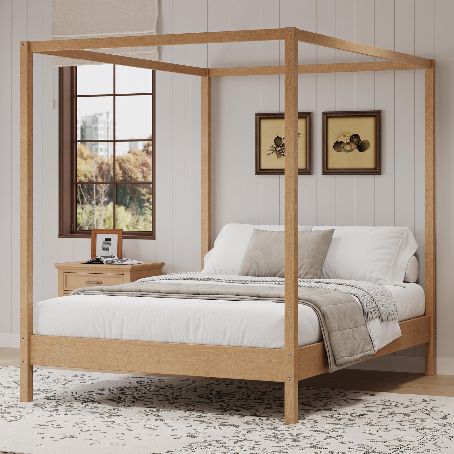 Merax Queen Size Canopy Bed with Four Posters, Wooden Platform Bed Frame & 8.3" Storage Space Under Bed, Solid Wood Slats Support, No Box Spring Needed, Easy Assembly, Natural