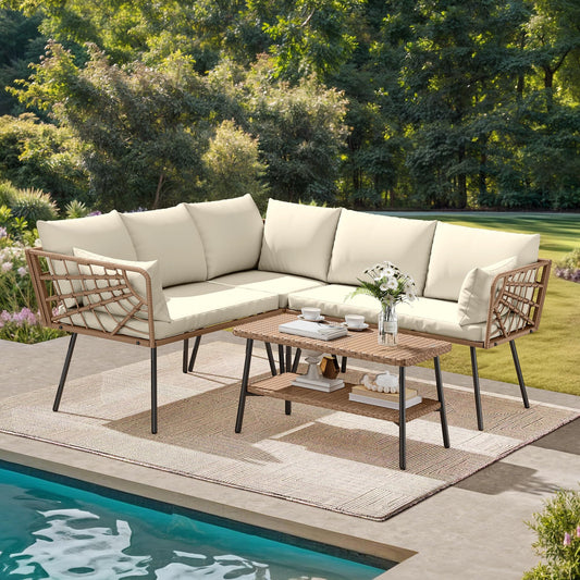 DWVO Outdoor Sectional Sofa 4 Piece 5-Seater Rattan Patio Furniture Set with 2-Tier Coffee Table&Cushions L Shape Couch Boho Conversation Sets for Garden Porch Backyard Relaxation