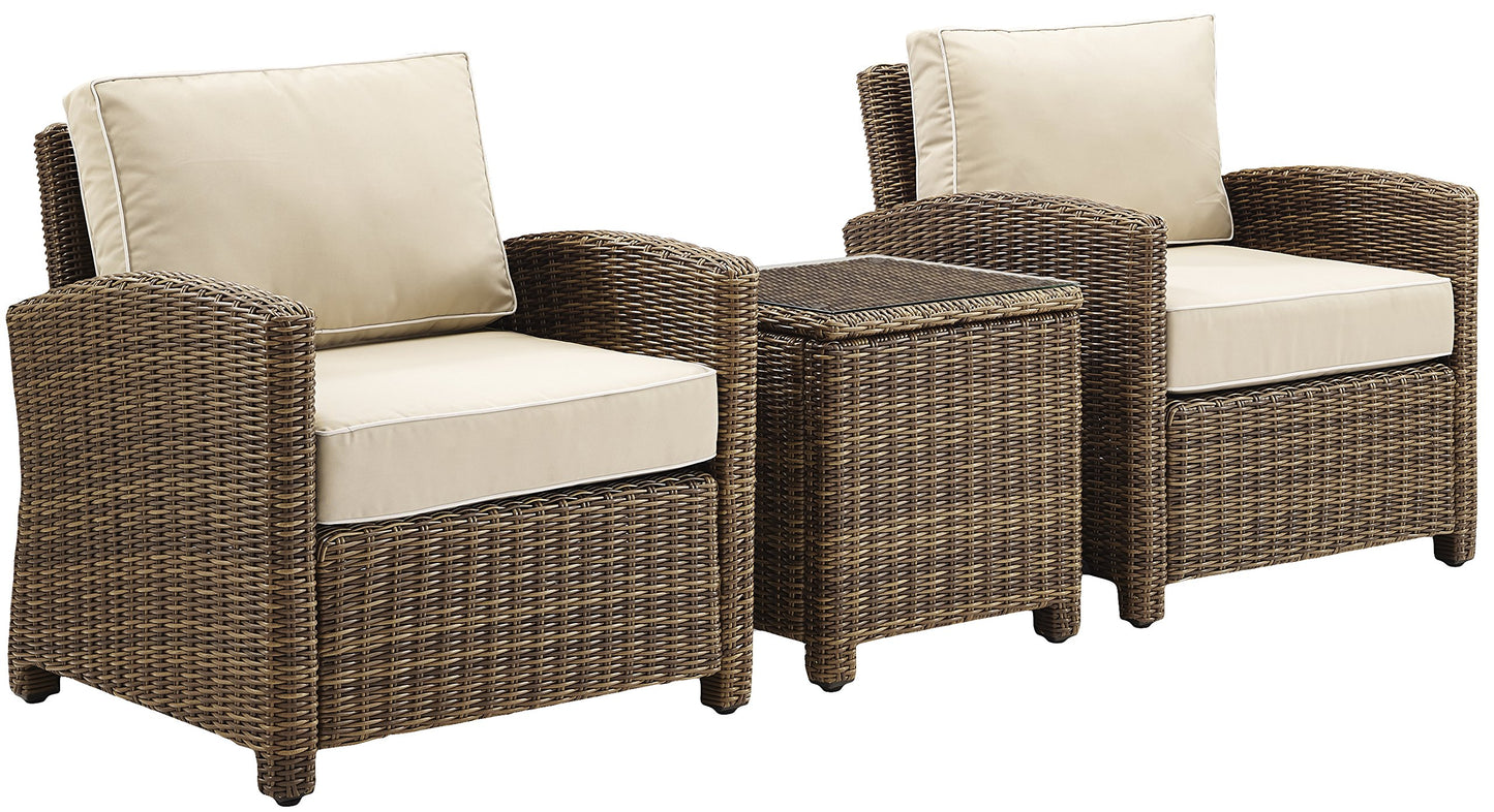 Crosley Furniture Bradenton 3-Piece Outdoor Chair and Side Table Set, Wicker Patio Conversation Sets, Brown with Sand Cushions