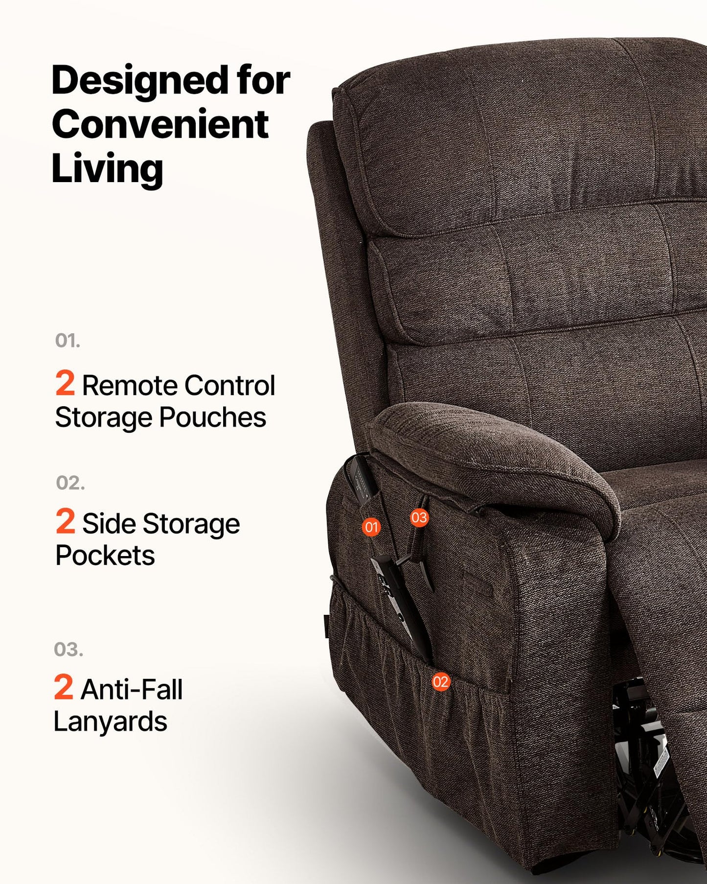 VEVOR Power Lift Recliner Chair, Dual Motor Lift Chair with Heat and Massage for Elderly, Position Adjustable, Remote Control, with Side Pockets, Chenille Fabric, Brown