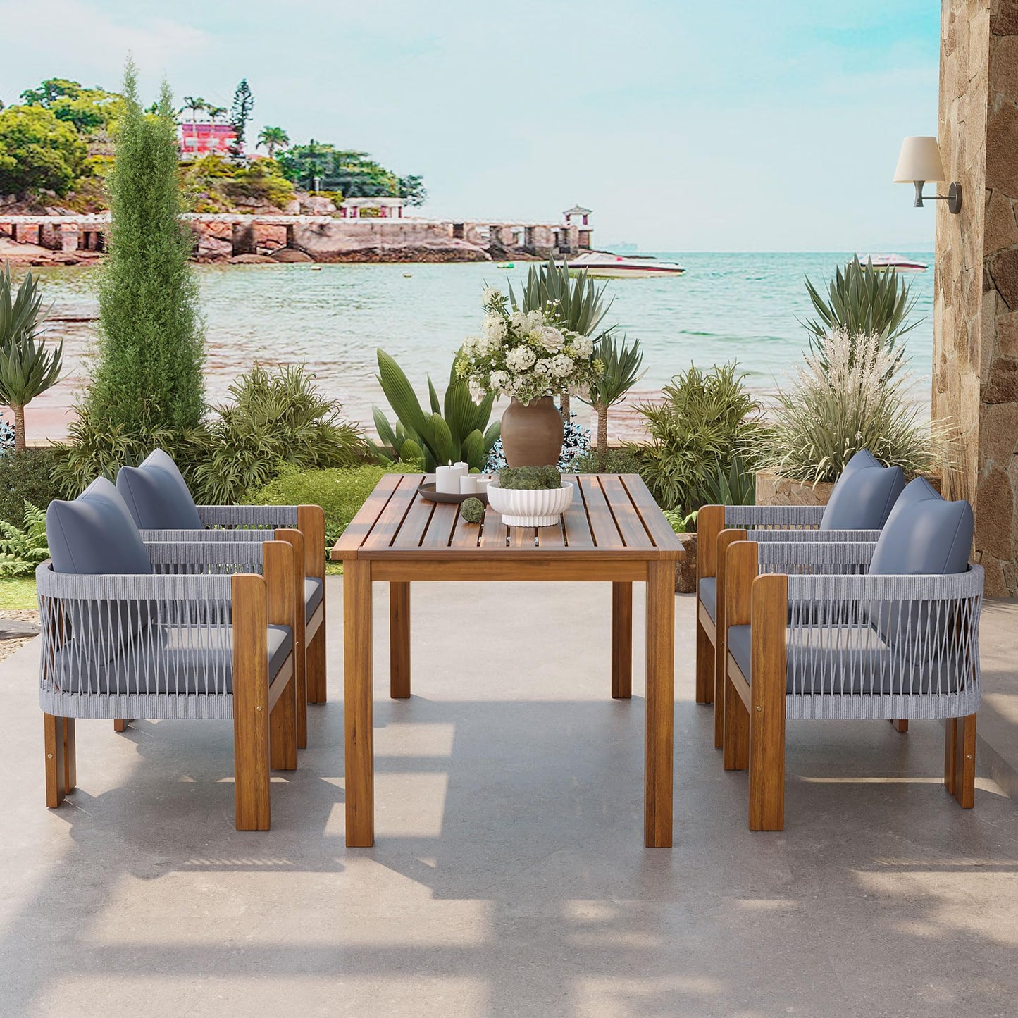 Merax Luxury 5-Piece Outdoor Patio Dining Set for 4, Solid Acacia Wood Dinning Set with Rope Woven Chairs,Farmhouse Dining Furniture Set for Garden, Backyard, Poolside, Brown+Gray