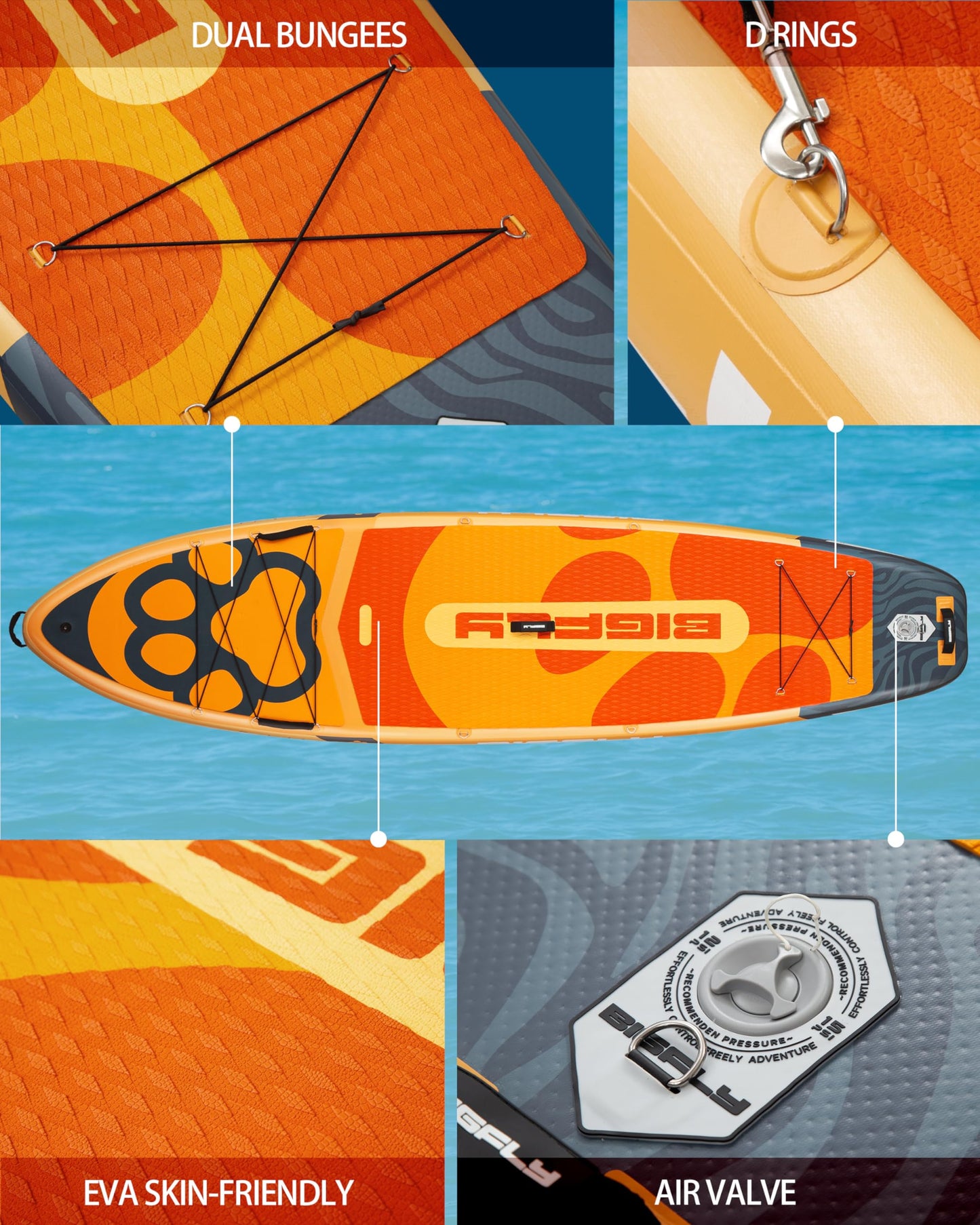 Bigfly 11'6"x35"x6" Inflatable Non-Slip Stand Up Paddle Boards with Accessories, Anti-Slip Scratch Resistant Widened SUP Board for Pet Dog Family Board Travel Leisure