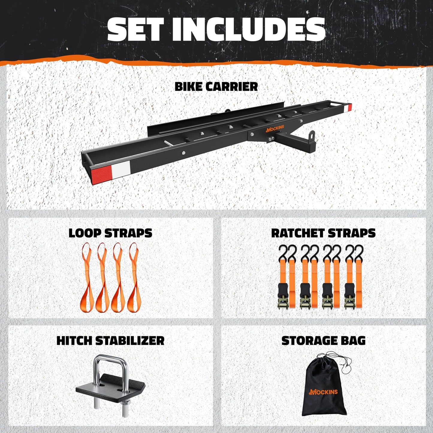 Mockins 500 lbs Capacity Motorcycle Hitch Carrier w/Loading Ramp | 73" Heavy Duty Steel Fat Tire eBike Rack & Dirt Bike Rack for Car Hitch 2" Receivers | Weatherproof Motorcycle Carrier Set