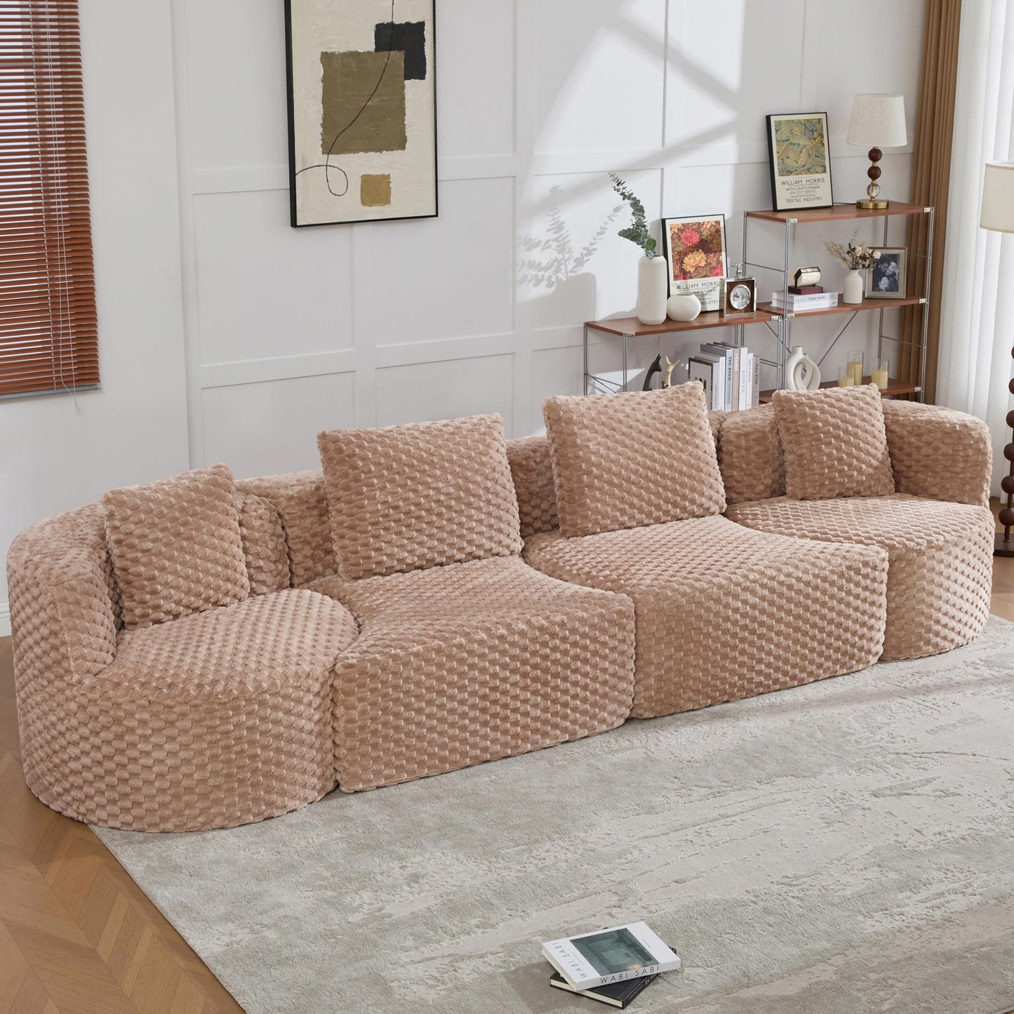 Merax 138" Curved Modular Sectional Sofa Set, Compressed 4 Seat Bubble-Velvet Boneless Sectional Couch Sofa with Deep Seat & Pillow, Comfy Cloud Soft Couches for Living Room, Easy Assembly, Camel