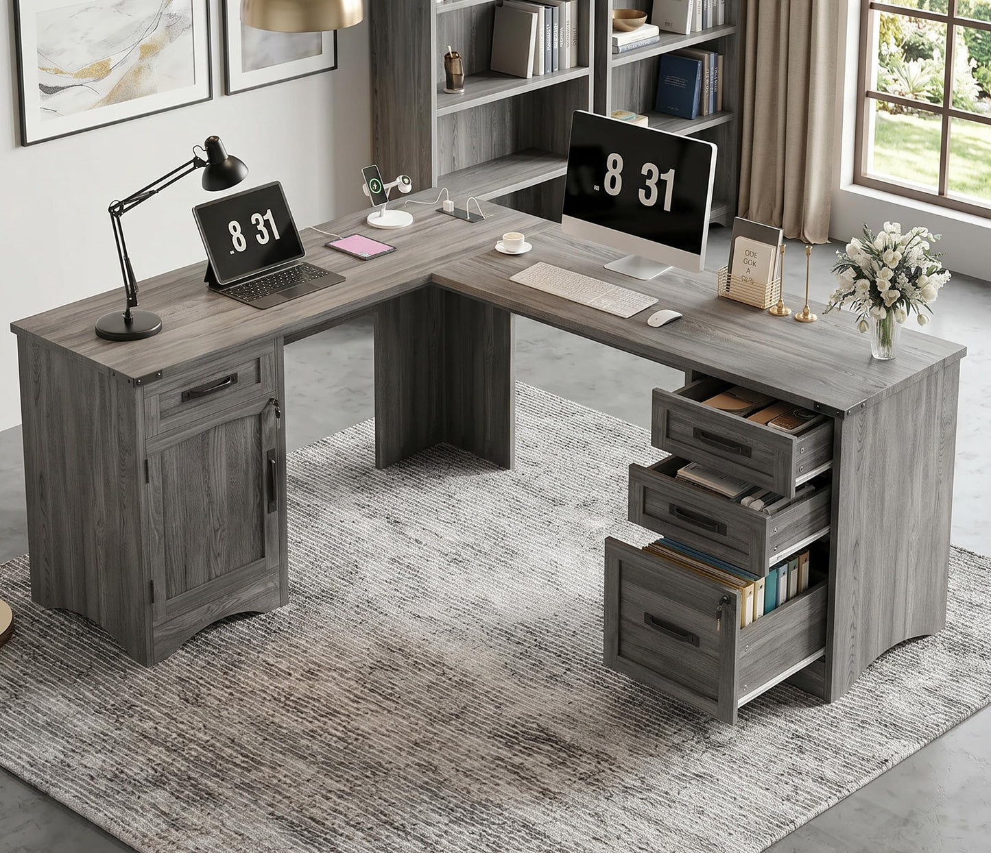 Decofy 67" Farmhouse L Shaped Standing Desk with Drawers Home Office Executive Desks with Fast Charging Station, Lockable File Cabinet, Wood Writing Computer Desk for Work, Study, Grey