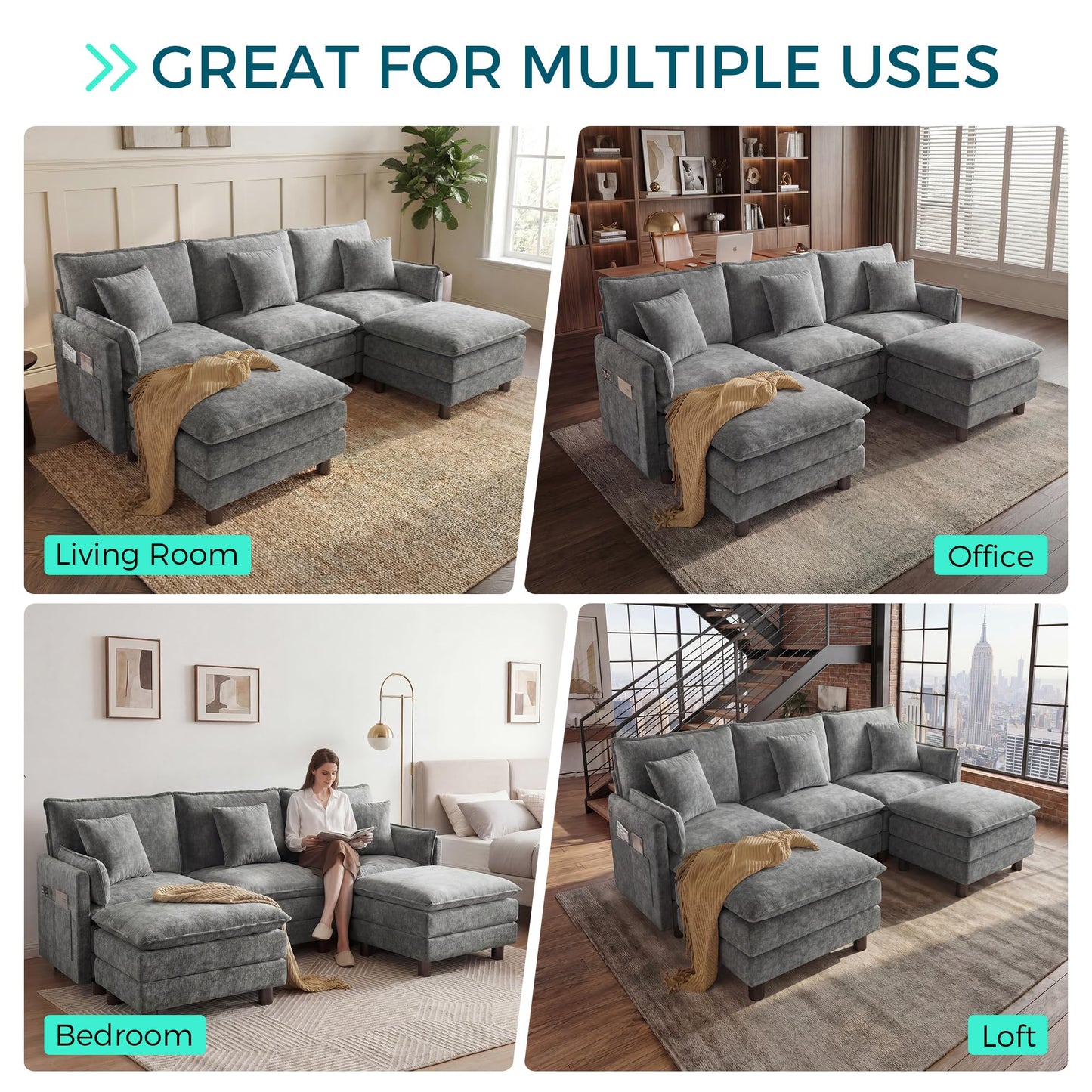 LINSY HOME 98'' Modular Sectional Sofa 3 Seat Couch Chenille Cloud Couch with Deep Seat, U Shaped Couch with 2 Movable Ottoman for Living Room, Office, Bedroom, Grey(Pillows Included)
